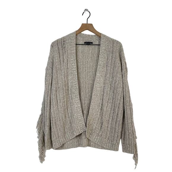 American Eagle Light Beige Open Front Knit Fringe Sleeve Cardigan Sweater XS - Picture 1 of 9